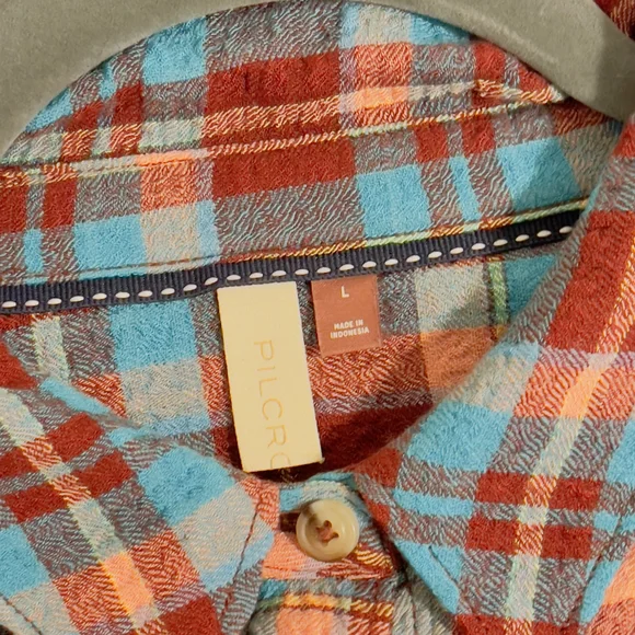 Pilcro Long Plaid Button-Up Shirt Dress in Teal and Burgundy - Picture 7 of 11